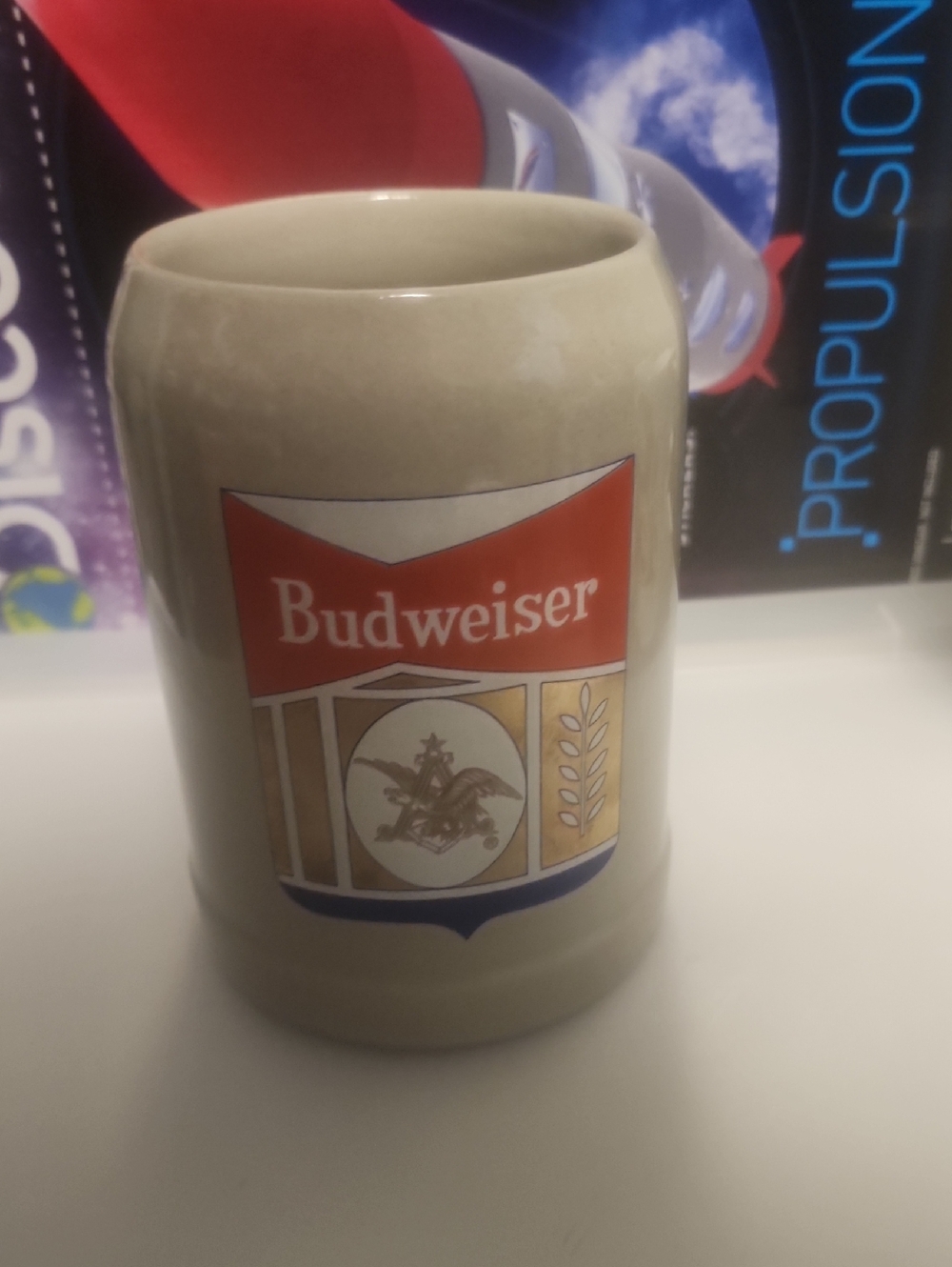 Budweiser Beige Stein with Red and Gold Crest